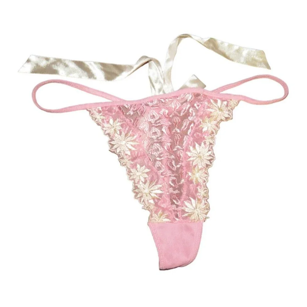 Vintage Glamour Pink Mesh Embroidered Thong Panties Satin Back Bow Size XL - Picture 13 of 14